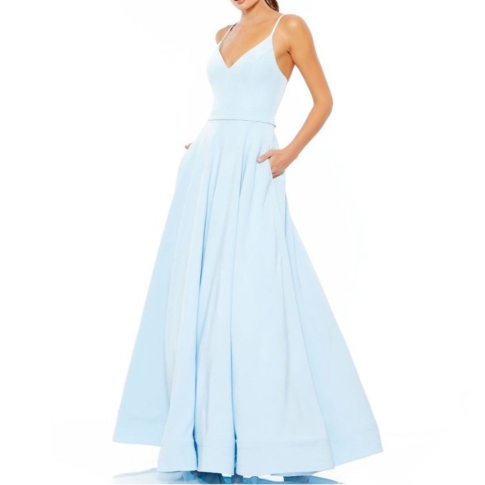 Mac Duggal Pale Blue Spaghetti Strap V-Neck Maxi Gown